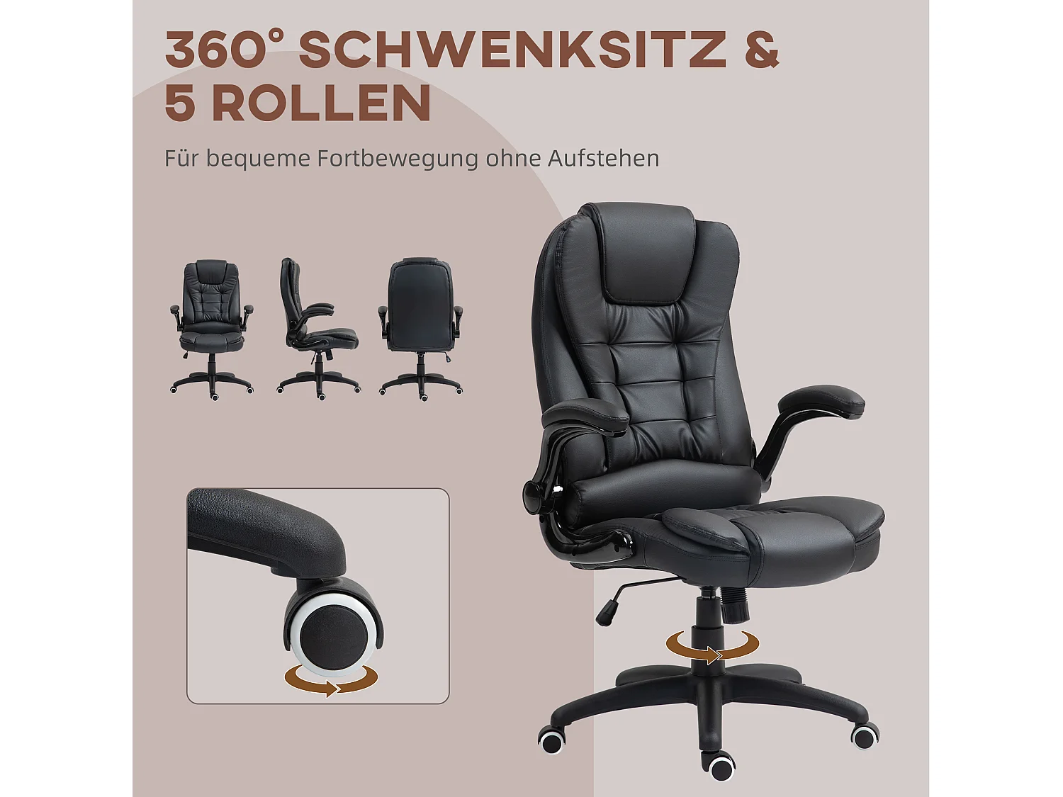 Silla de oficina ergonómica ajustable de PU negra con reposabrazos plegables y función de balanceo