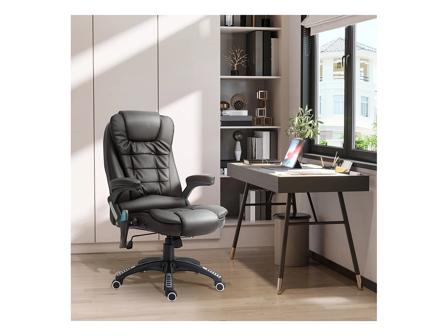 Cadeira de escritório ergonômica com massagem, giratória, aquecida, em couro sintético, preta