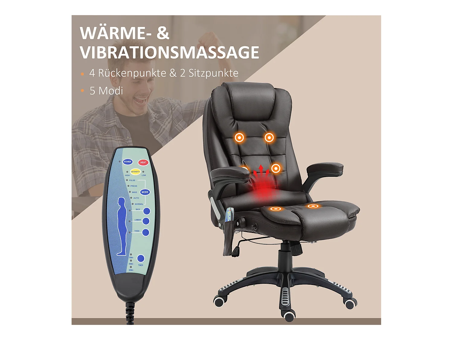 Cadeira de escritório ergonômica com massagem, giratória, aquecida, em couro sintético, preta