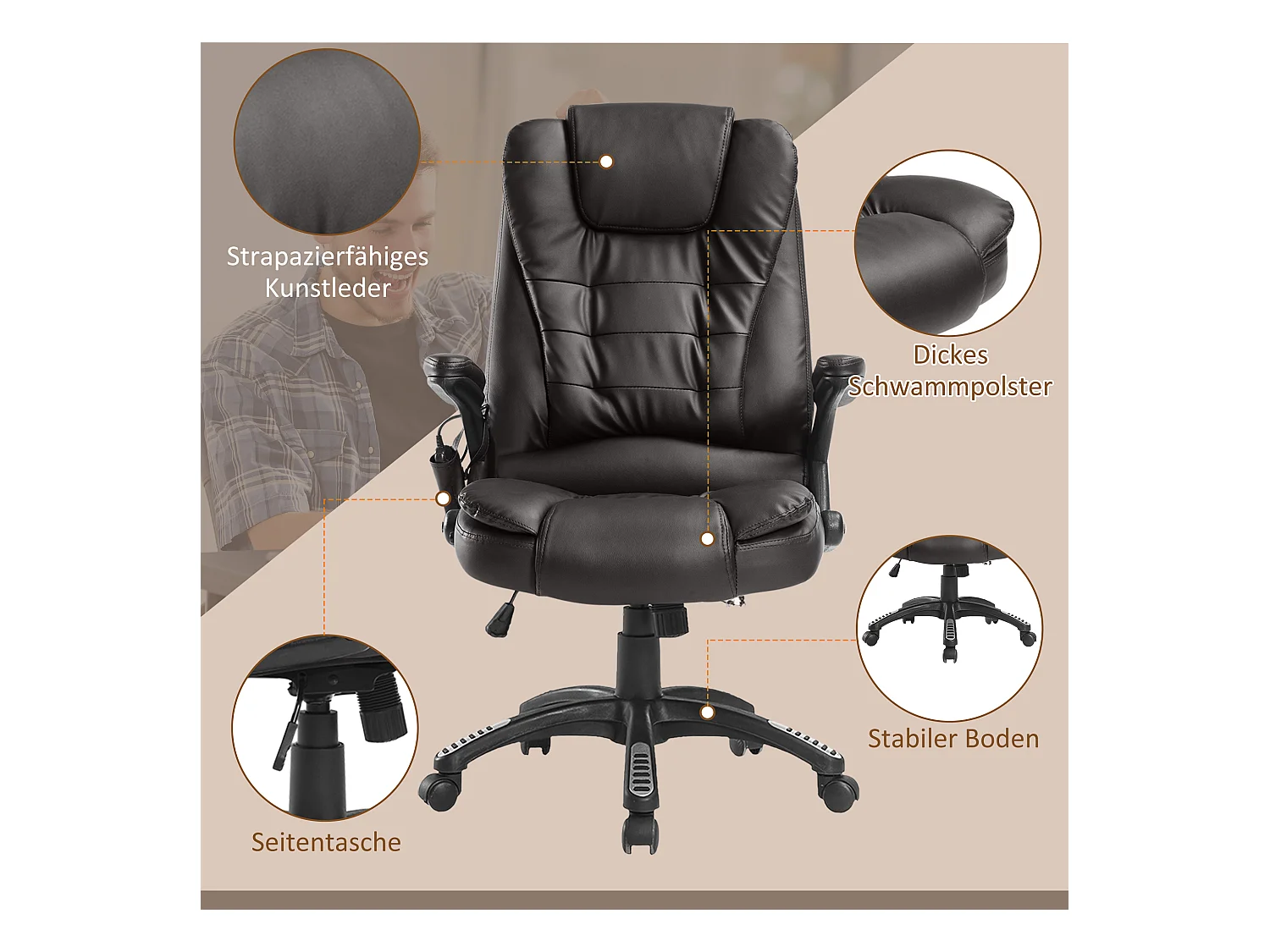 Cadeira de escritório ergonômica com massagem, giratória, aquecida, em couro sintético, preta