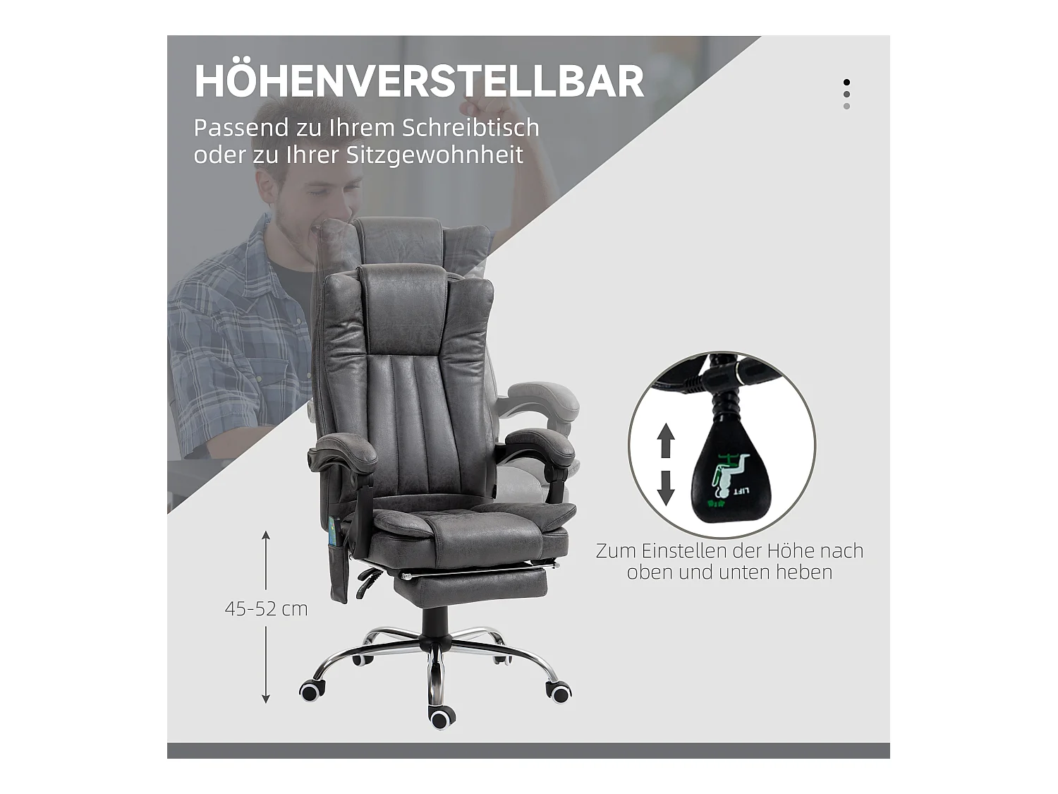 Chaise de Bureau ergonomica con massaggio e calore, dossier inclinabile e riposo-pieds grigio