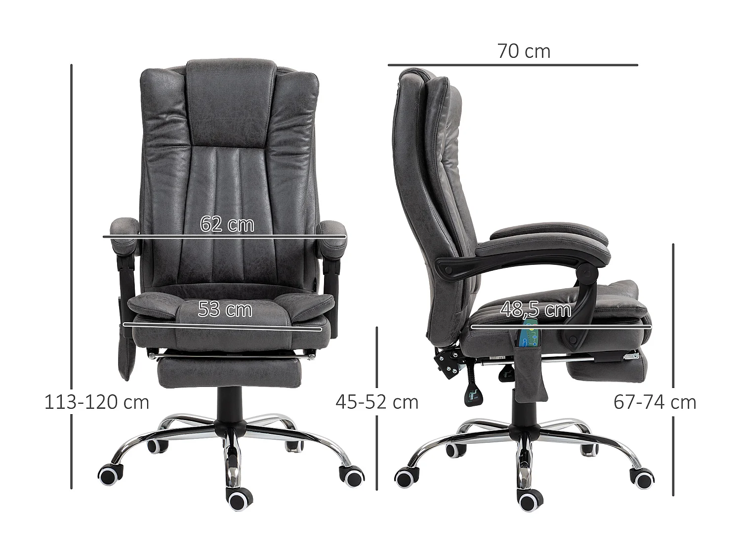 Chaise de Bureau ergonomica con massaggio e calore, dossier inclinabile e riposo-pieds grigio