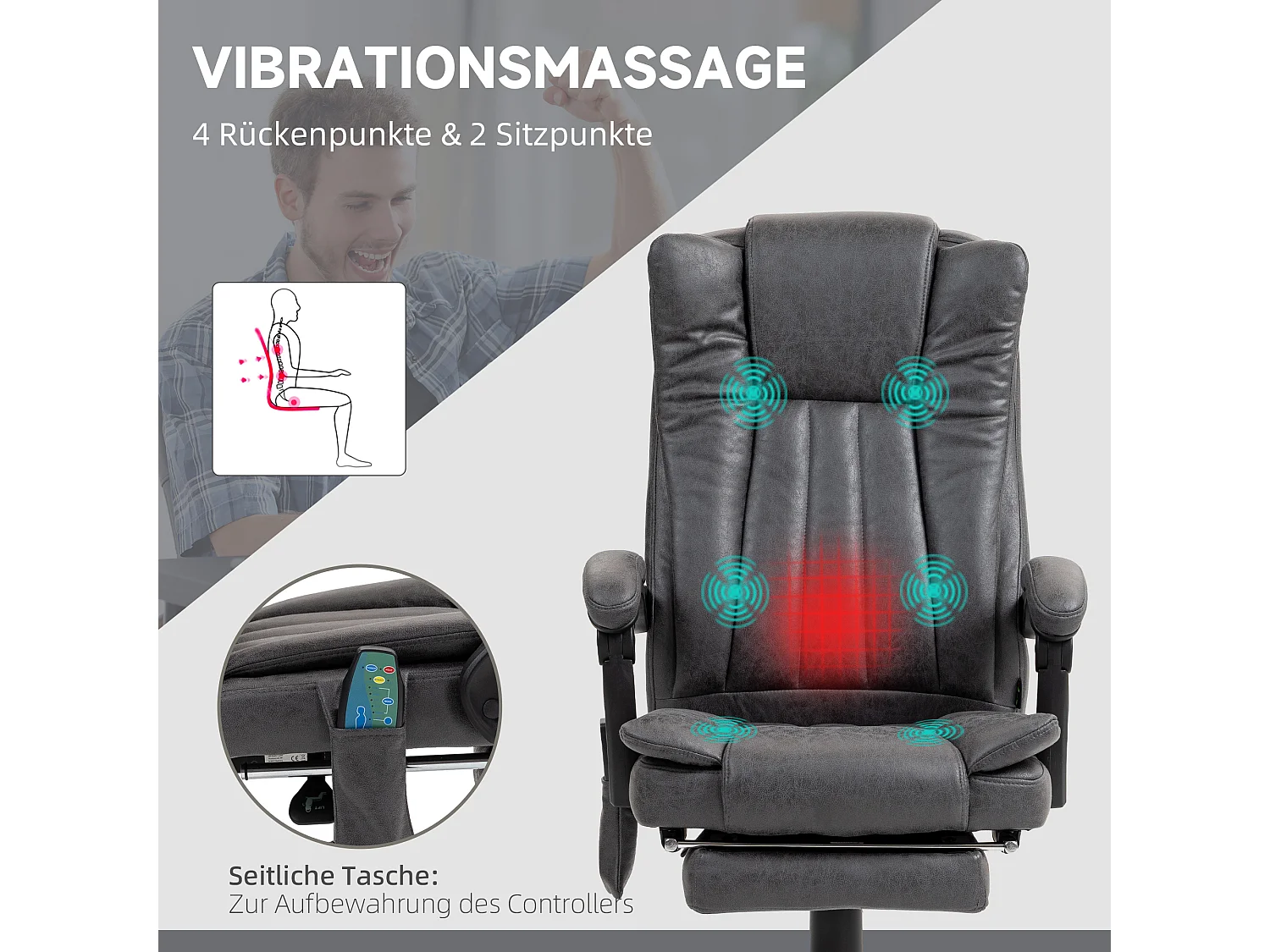 Chaise de Bureau ergonomica con massaggio e calore, dossier inclinabile e riposo-pieds grigio