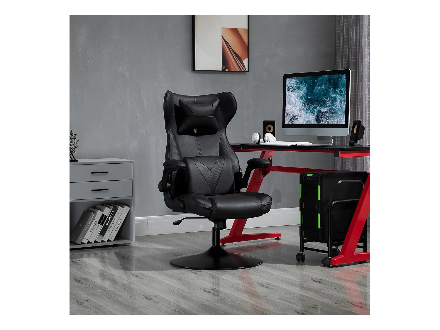 Chaise gaming ergonomica in simile cuoio nero con schienale inclinabile e rotazione di 360° per scrivania