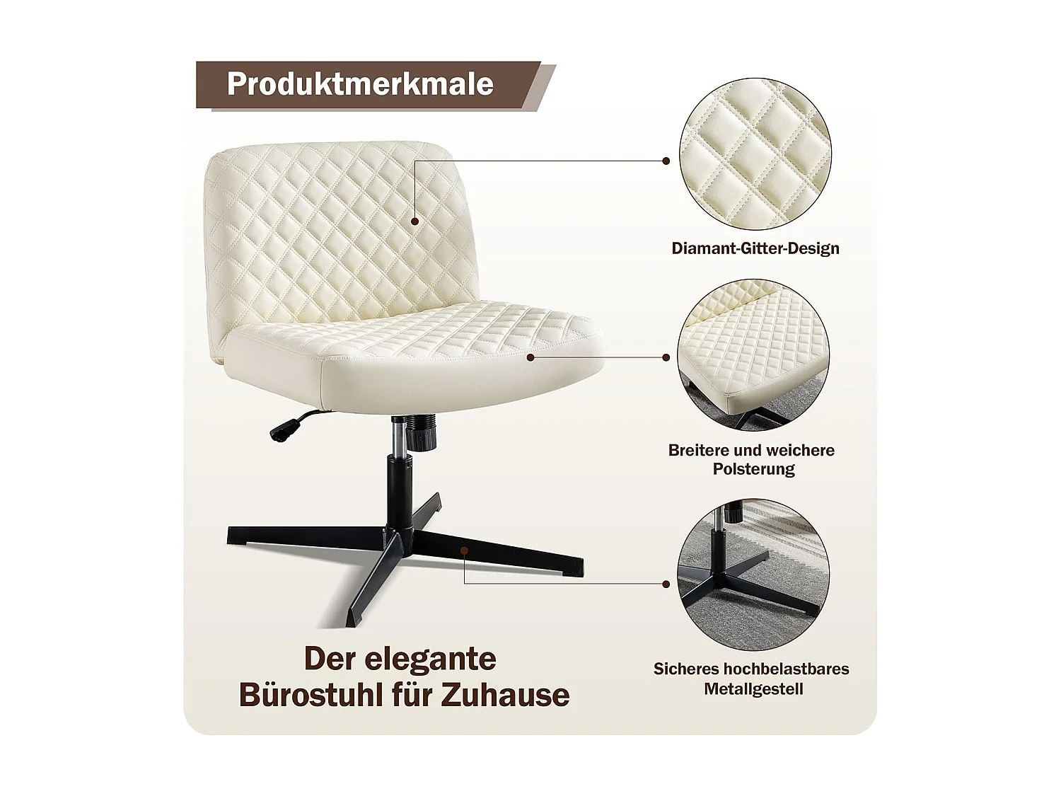 Chaise bureau ergonomique sans accoudoirs cuir PU pivotante métal dossier haut noir