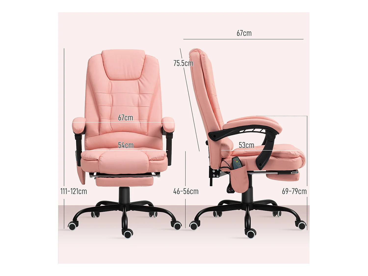 Cadeira de escritório ergonômica de tecido com 7 pontos de massagem, assento reclinável, ajustável, rosa