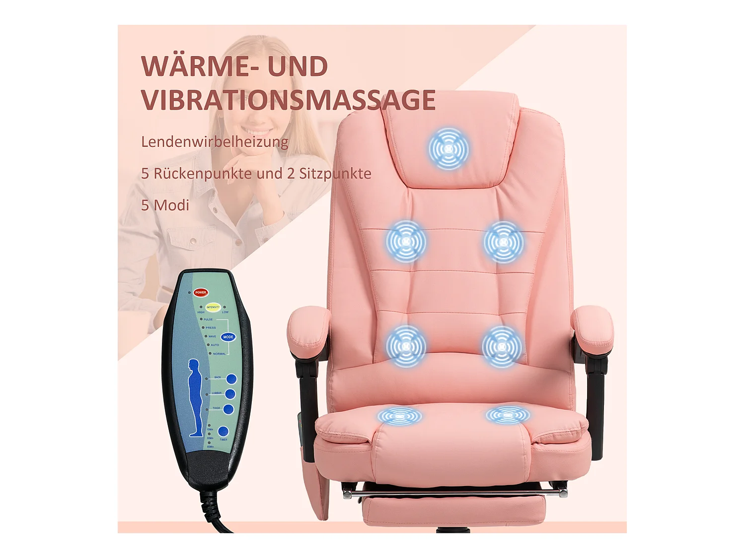 Cadeira de escritório ergonômica de tecido com 7 pontos de massagem, assento reclinável, ajustável, rosa