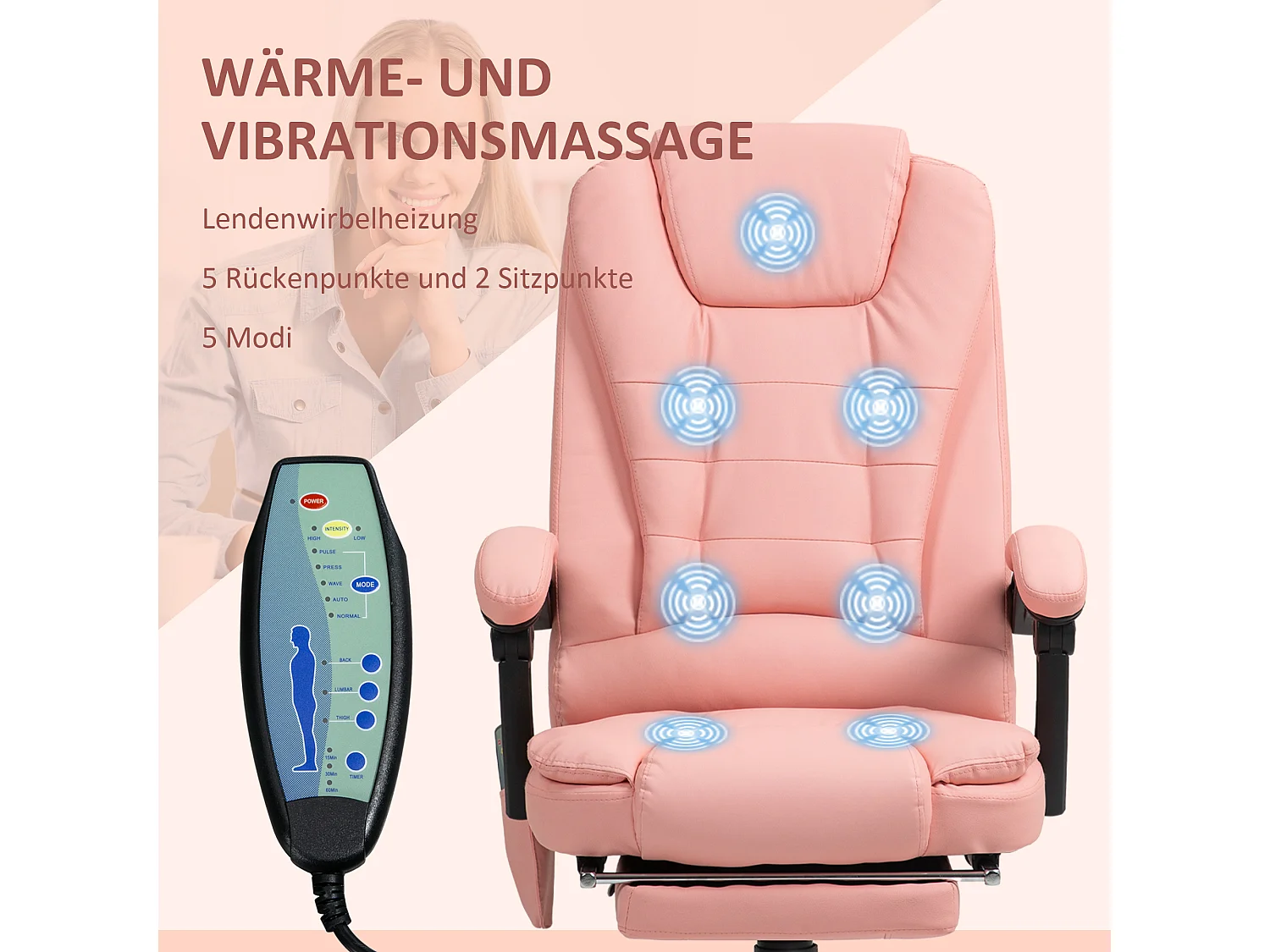 Silla de oficina ergonómica de tela con 7 puntos de masaje, asiento reclinable, ajustable, color rosa