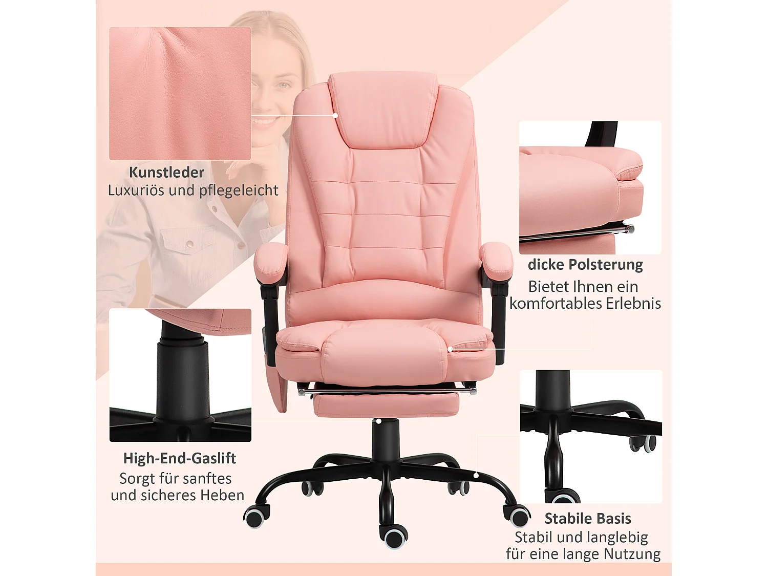Silla de oficina ergonómica de tela con 7 puntos de masaje, asiento reclinable, ajustable, color rosa