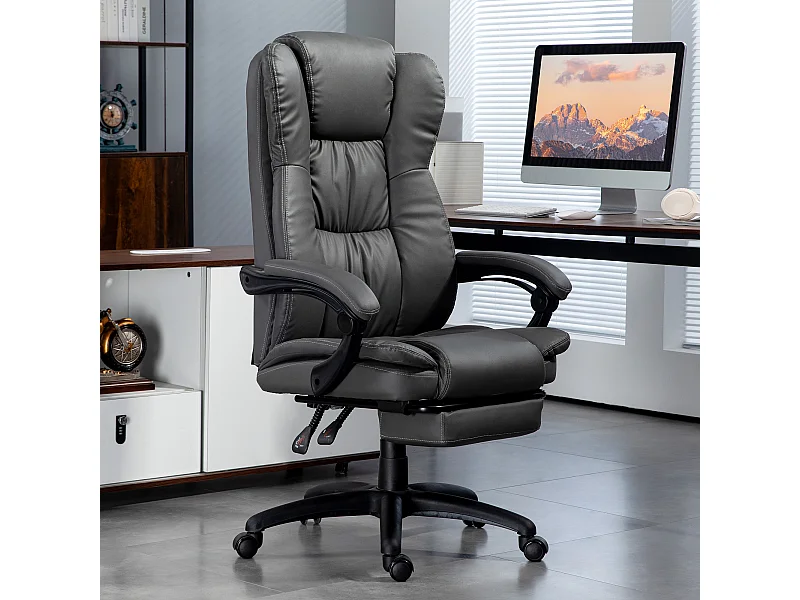 Silla de oficina ergonómica de piel sintética con masaje, vibración y reposapiés, gris oscuro, 68,5 x 68,5 x 113-121 cm