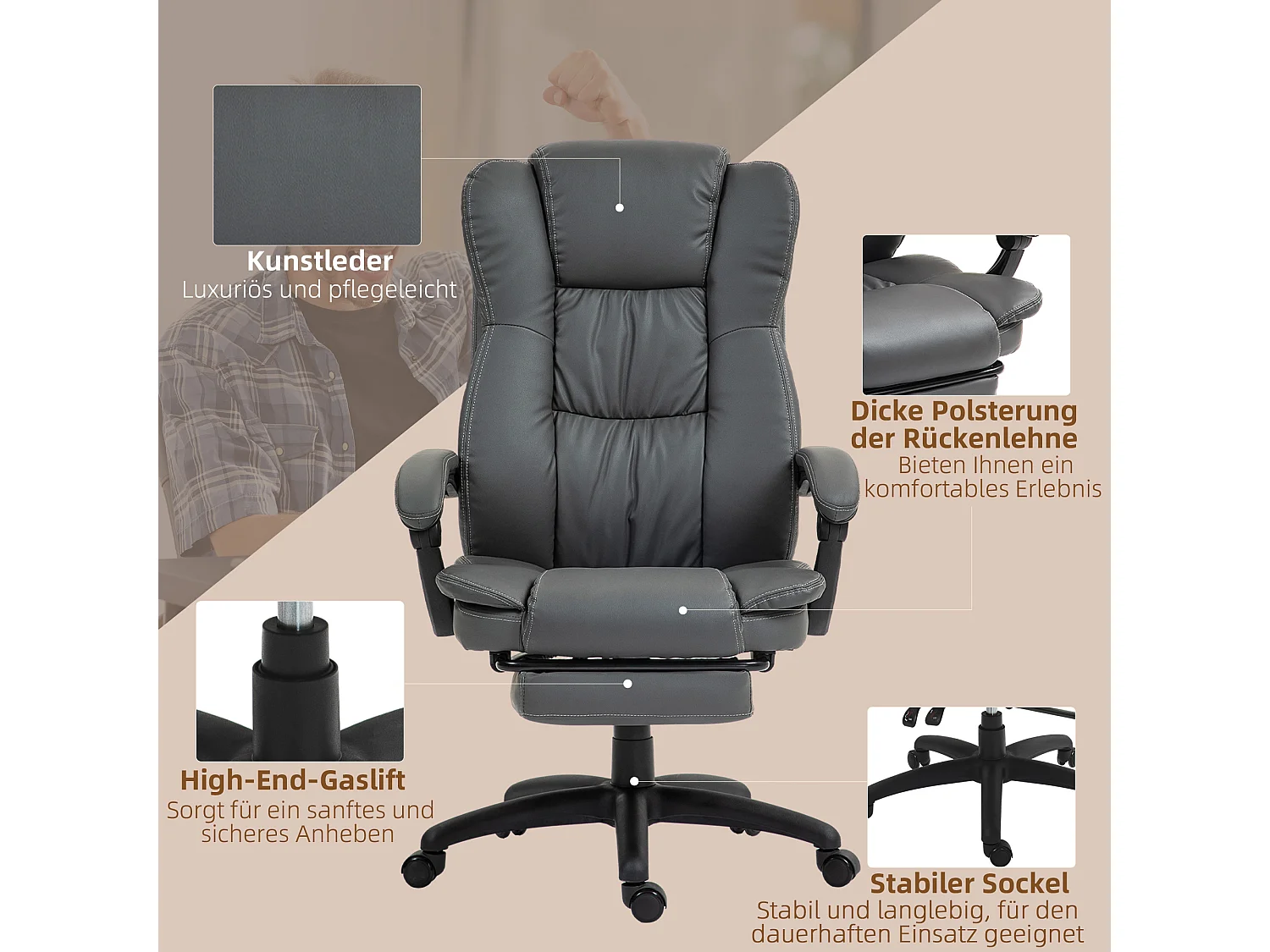 Sedia da studio ergonomica in pelle PU con massaggio, vibrazione e riposo, grigio foncé 68,5x68,5x113-121cm
