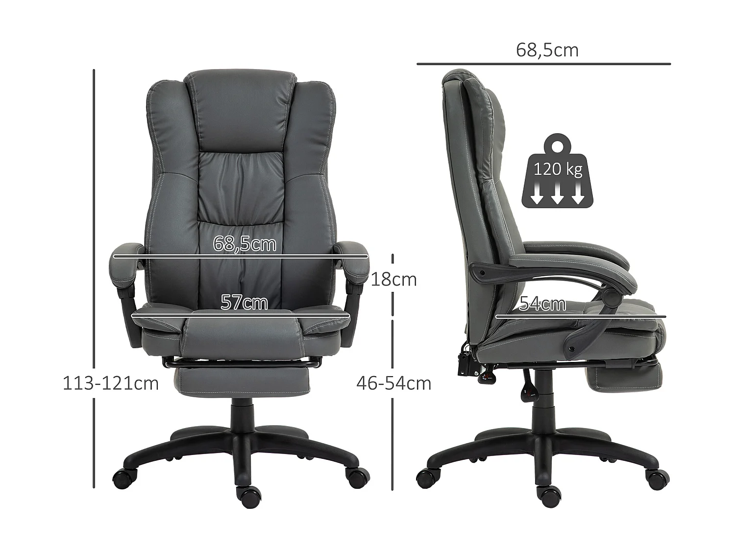 Chaise de bureau ergonomique en cuir PU avec massage, vibration et repose-pieds, gris foncé 68,5x68,5x113-121cm