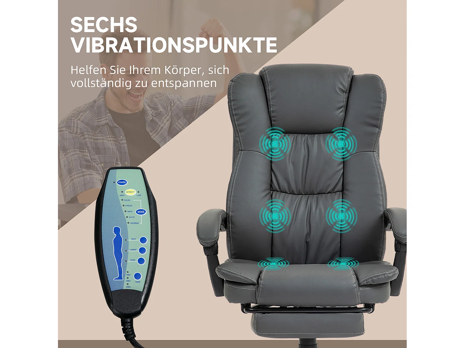 Chaise de bureau ergonomique en cuir PU avec massage, vibration et repose-pieds, gris foncé 68,5x68,5x113-121cm