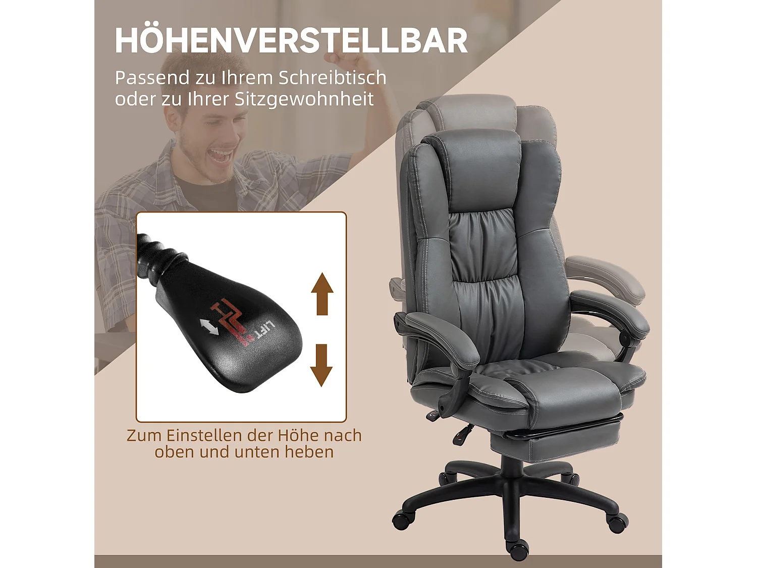 Chaise de bureau ergonomique en cuir PU avec massage, vibration et repose-pieds, gris foncé 68,5x68,5x113-121cm