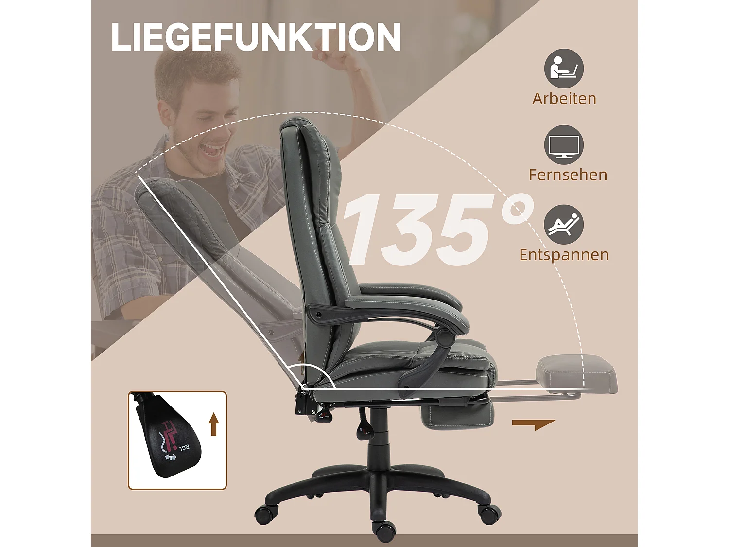 Chaise de bureau ergonomique en cuir PU avec massage, vibration et repose-pieds, gris foncé 68,5x68,5x113-121cm