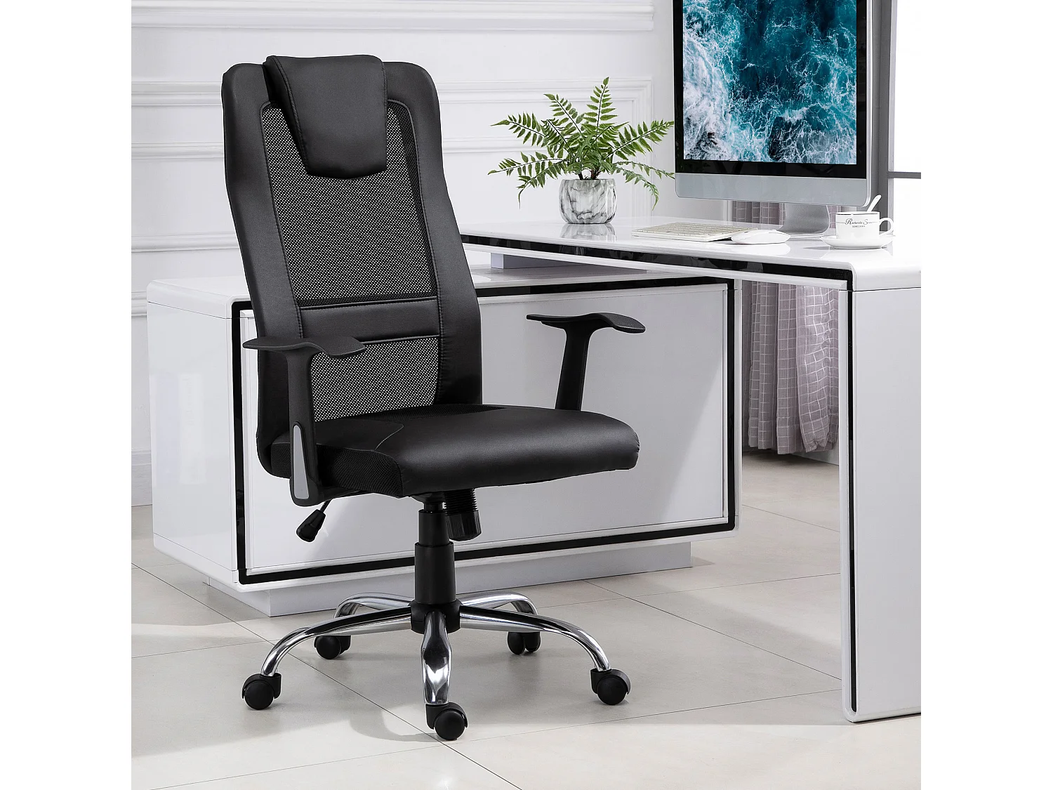 Sedia da ufficio ergonomica regolabile con comodini e funzione basculante in pelle sintetica nera 66x73x108-118cm