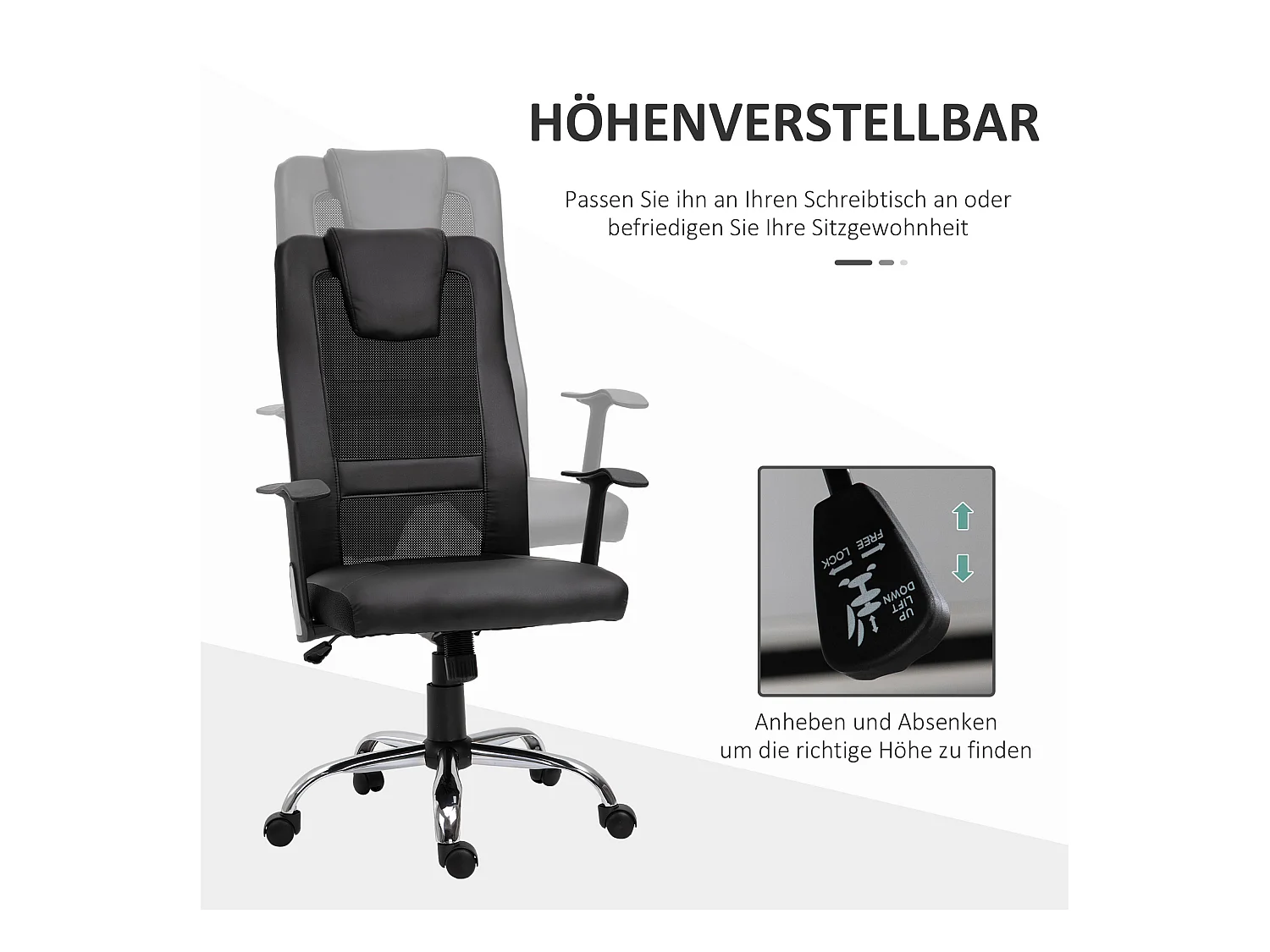 Sedia da ufficio ergonomica regolabile con comodini e funzione basculante in pelle sintetica nera 66x73x108-118cm