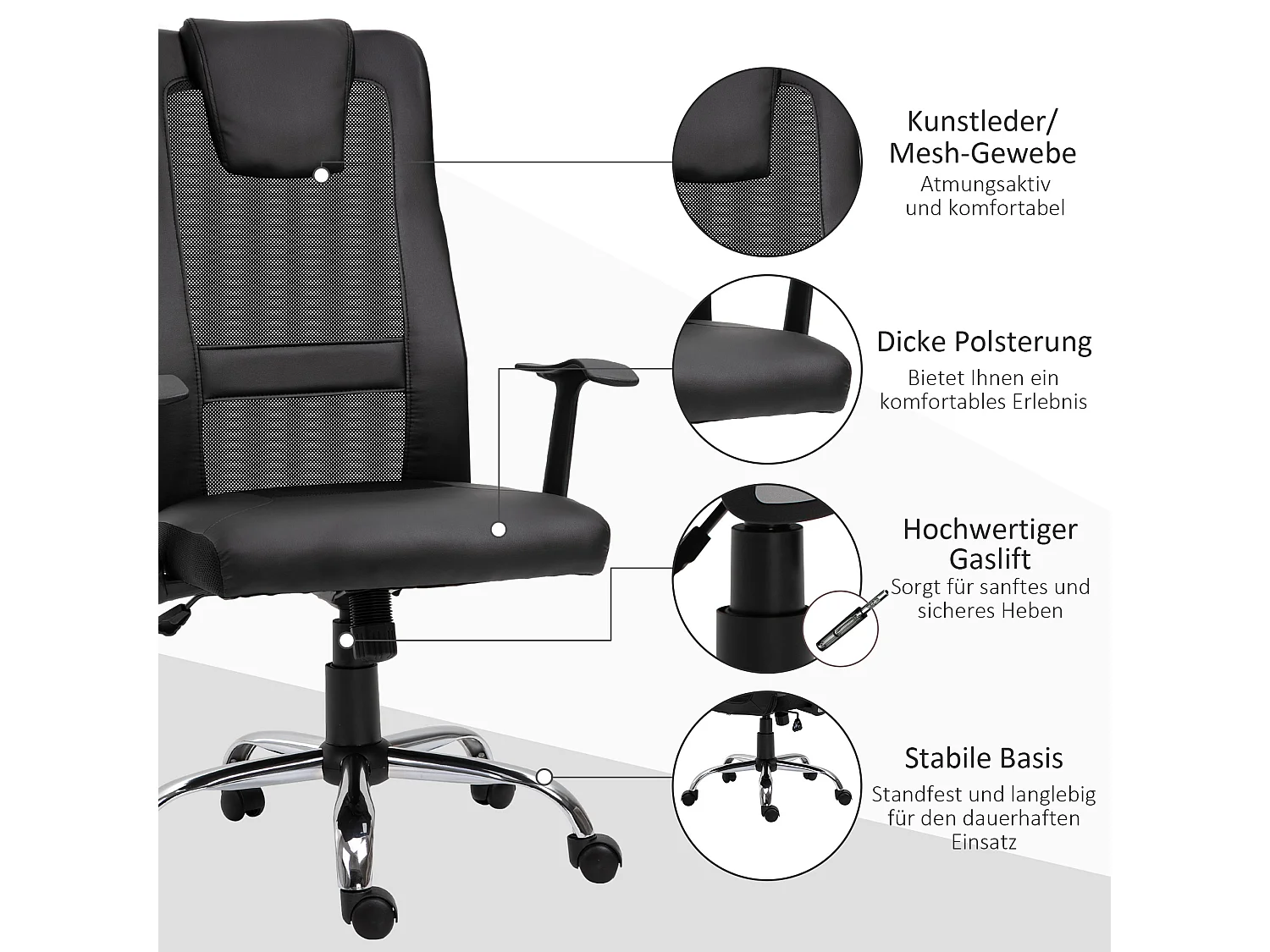 Sedia da ufficio ergonomica regolabile con comodini e funzione basculante in pelle sintetica nera 66x73x108-118cm