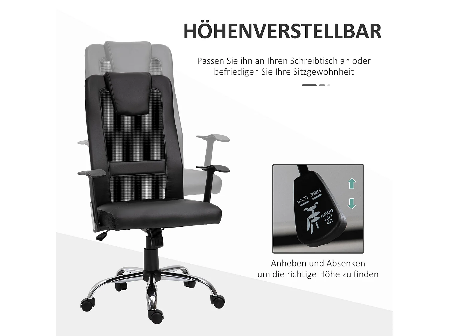 Silla de oficina ergonómica regulable con reposabrazos y función balancín piel sintética negra 66x73x108-118cm