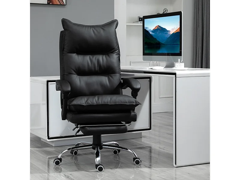 Chaise de bureau ergonomique simili cuir avec repose-pieds, réglable en hauteur, Noir 66x72x122-130 cm