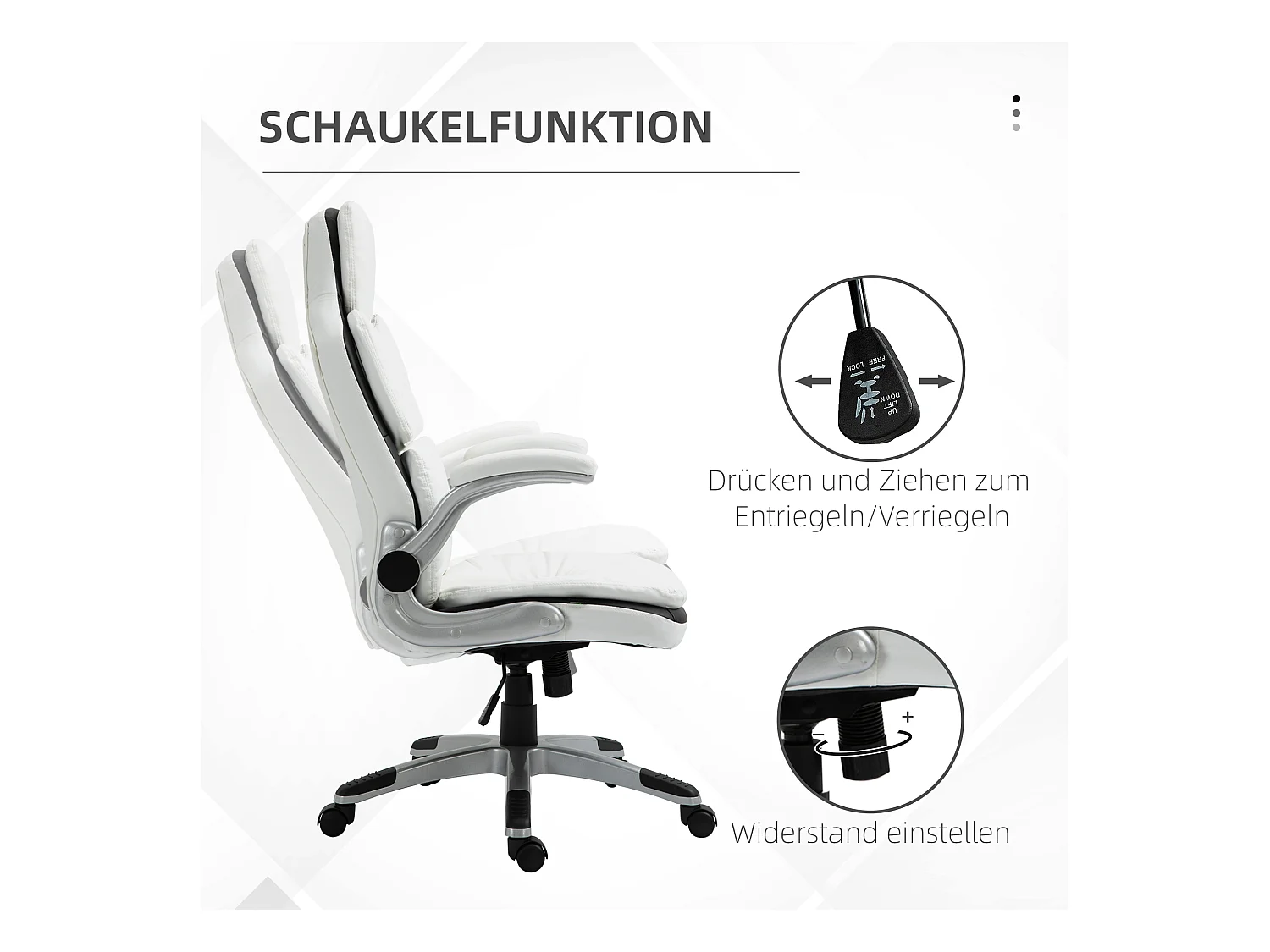 Silla de oficina ergonómica de piel sintética con reposabrazos abatibles y función balancín 69x67x113-121cm