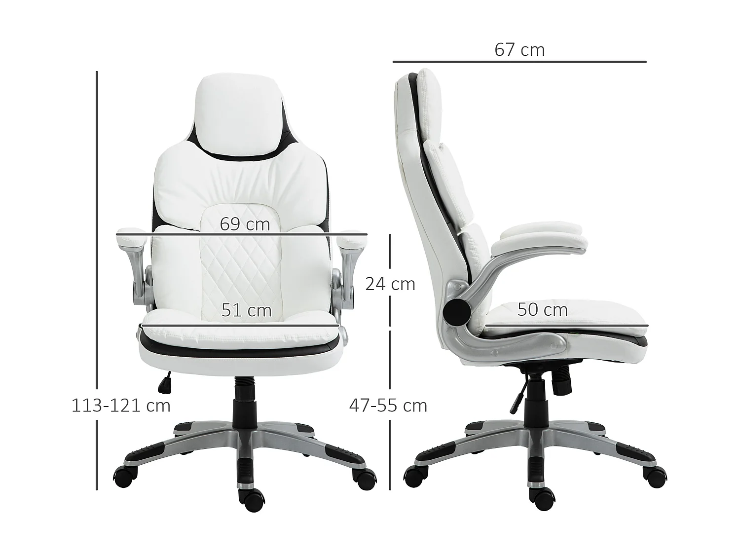 Chaise bureau ergonomique cuir PU avec accoudoirs rabattables et fonction bascule 69x67x113-121cm