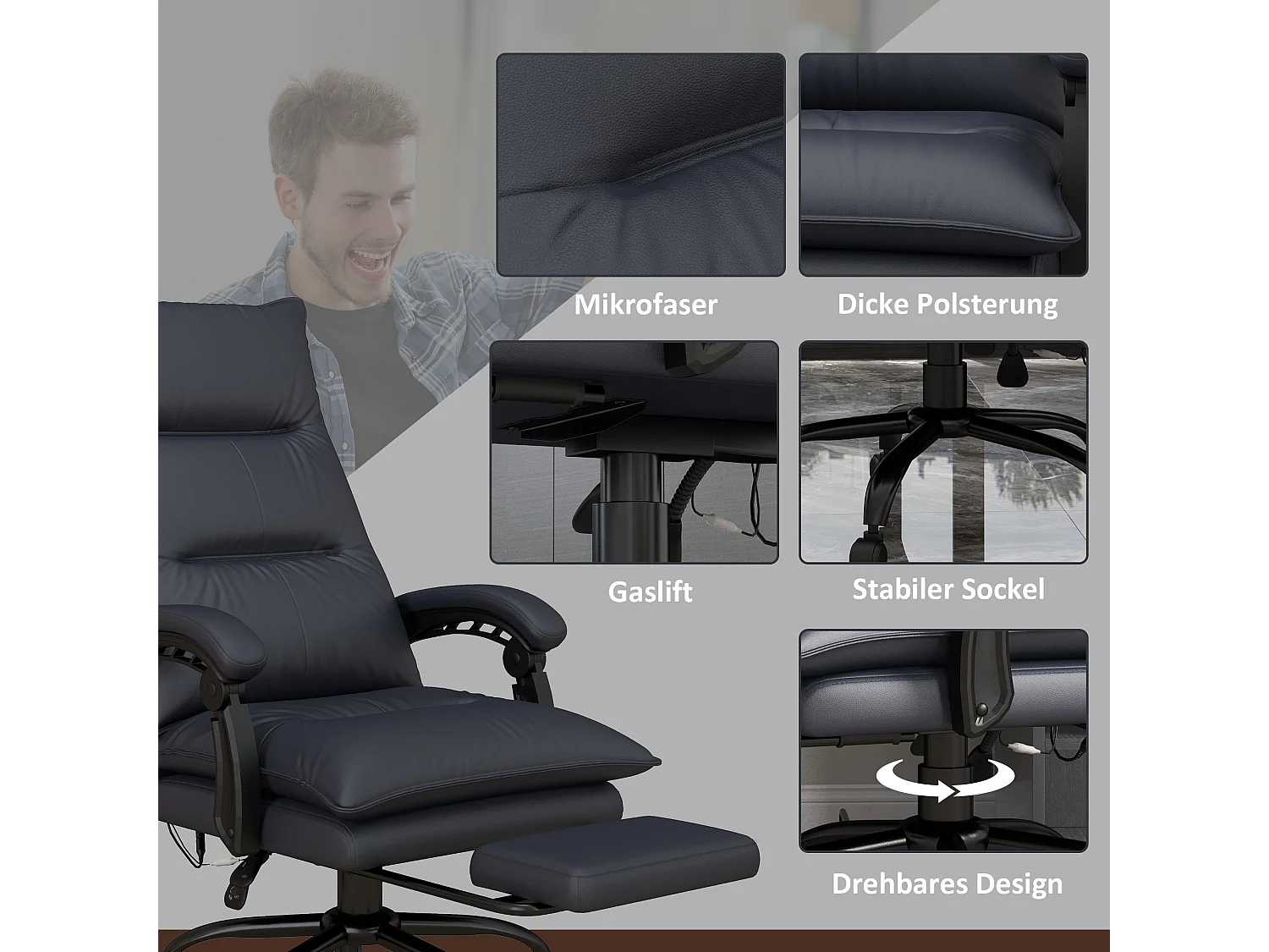 Silla de oficina de masaje de microfibra, giratoria, ajustable con reposapiés, gris oscuro