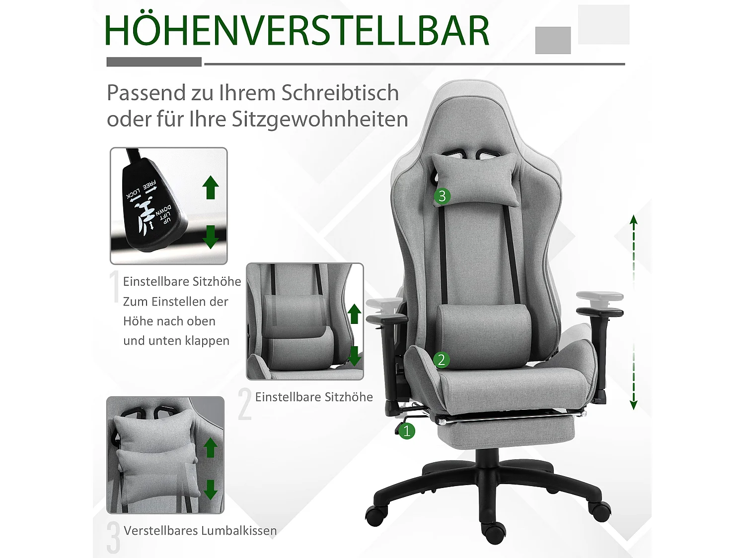 Chaise longue ergonomica foderata in grigio con cuscini mobili regolabili e funzione basculante