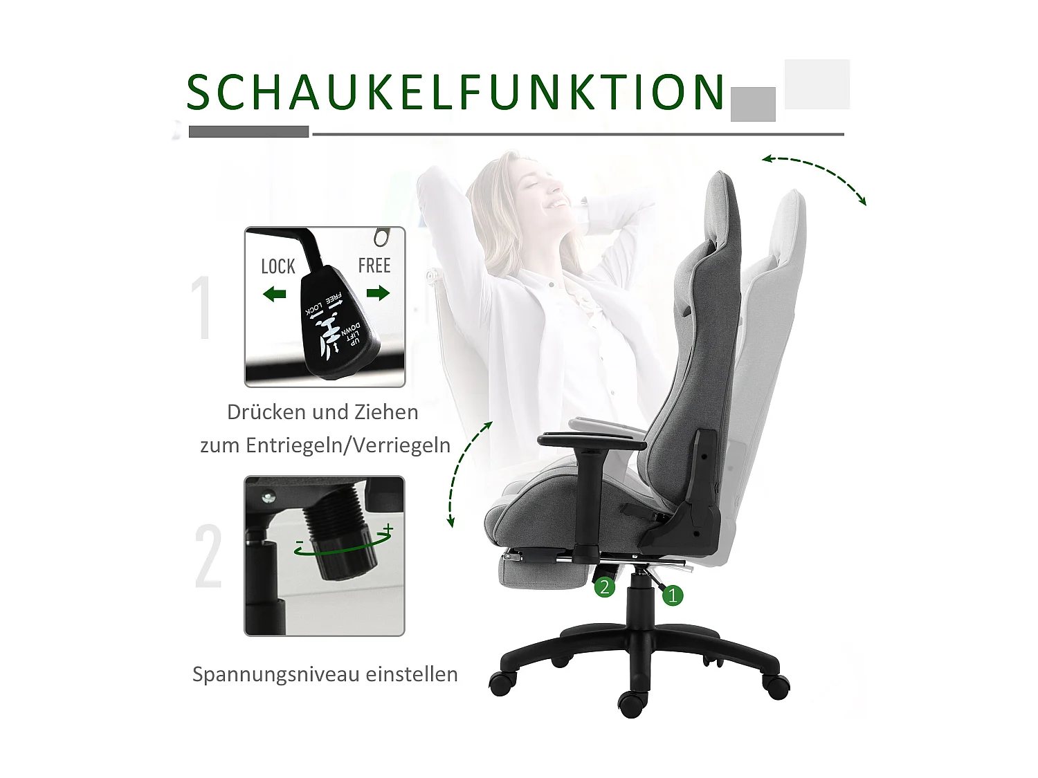 Chaise longue ergonomica foderata in grigio con cuscini mobili regolabili e funzione basculante