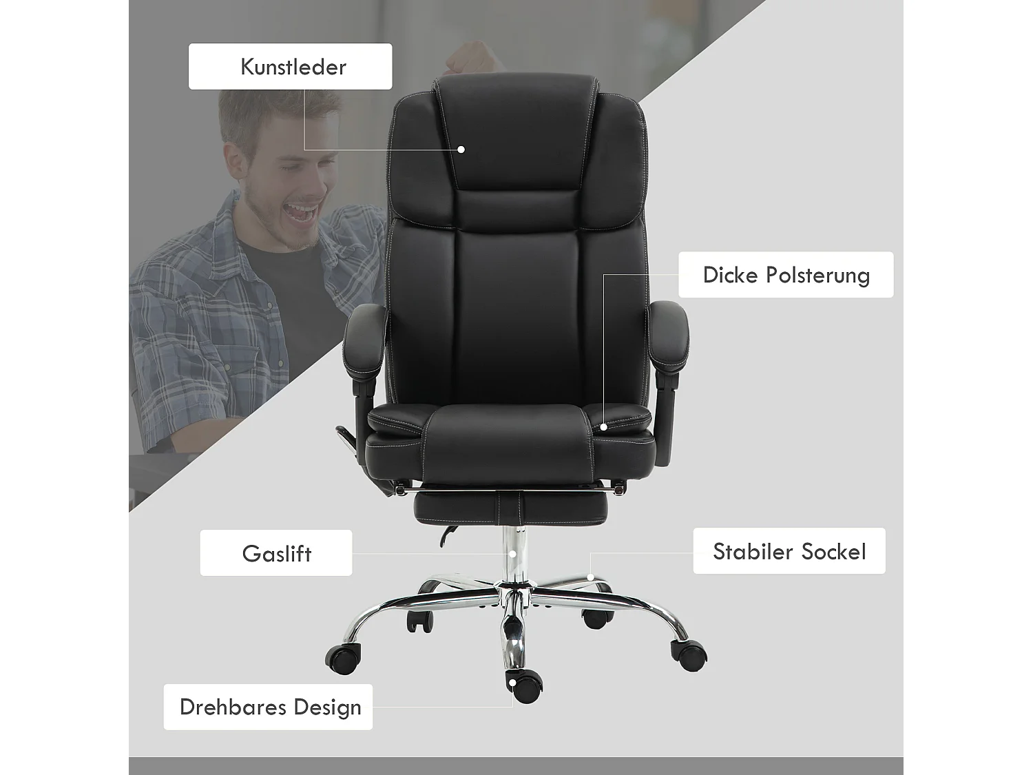 Sedia da massaggio ergonomica in pelle sintetica con chauffage e riposo-piede nero 66x67x118-126 cm