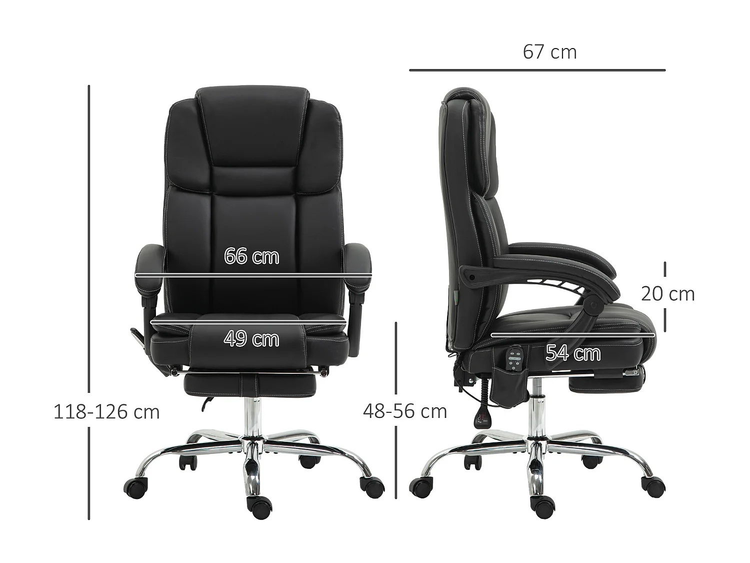 Fauteuil de bureau massage ergonomique en cuir synthétique avec chauffage et repose-pieds noir 66x67x118-126 cm