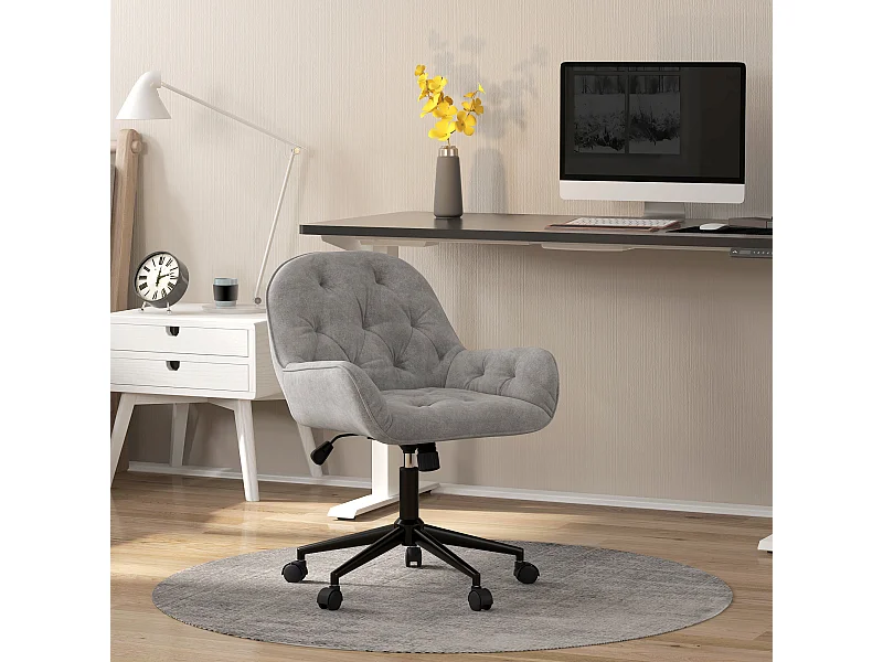 Silla de oficina ergonómica y ajustable de terciopelo gris claro, giratoria para sala de estar y oficina.