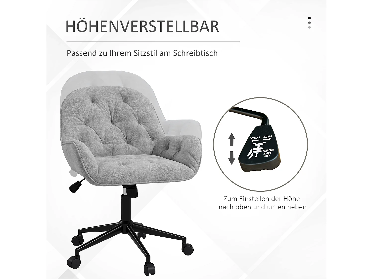 Silla de oficina ergonómica y ajustable de terciopelo gris claro, giratoria para sala de estar y oficina.