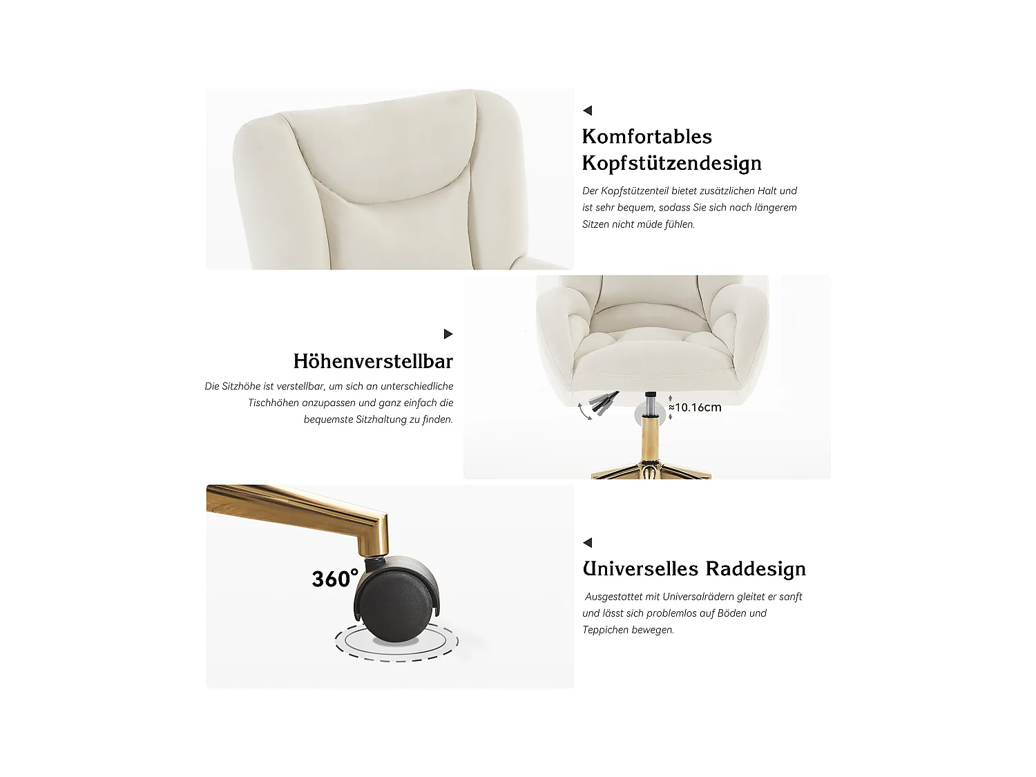 Cadeira de escritório em veludo Elfenbein, giratória 360°, interior ajustável, pernas douradas