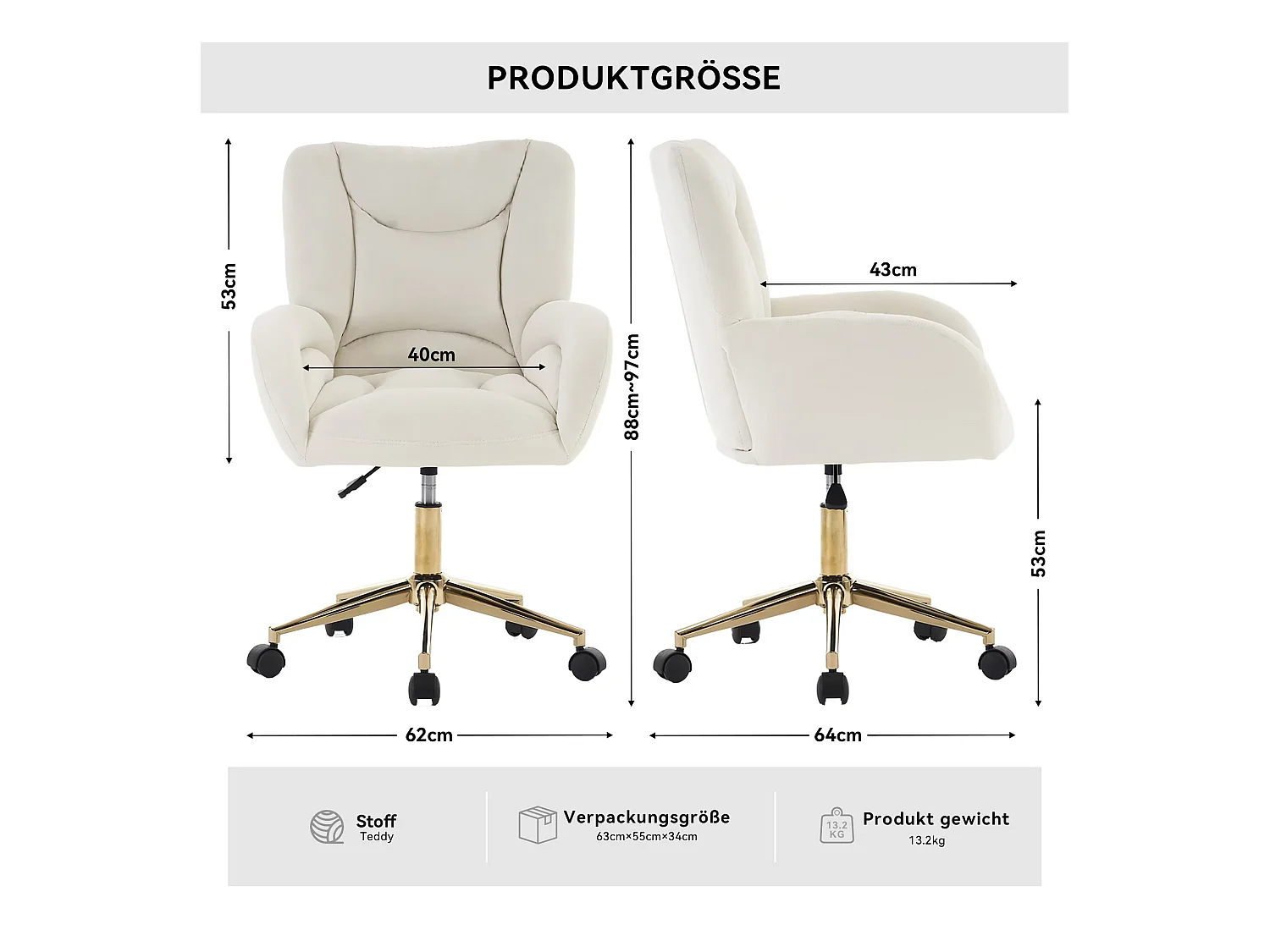 Cadeira de escritório em veludo Elfenbein, giratória 360°, interior ajustável, pernas douradas