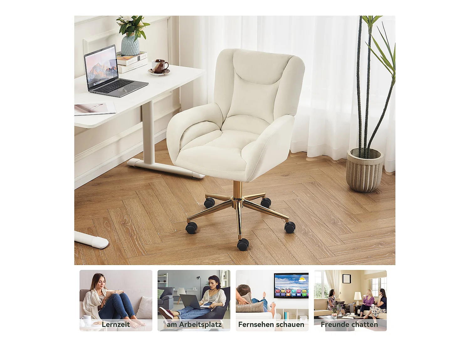 Cadeira de escritório em veludo Elfenbein, giratória 360°, interior ajustável, pernas douradas