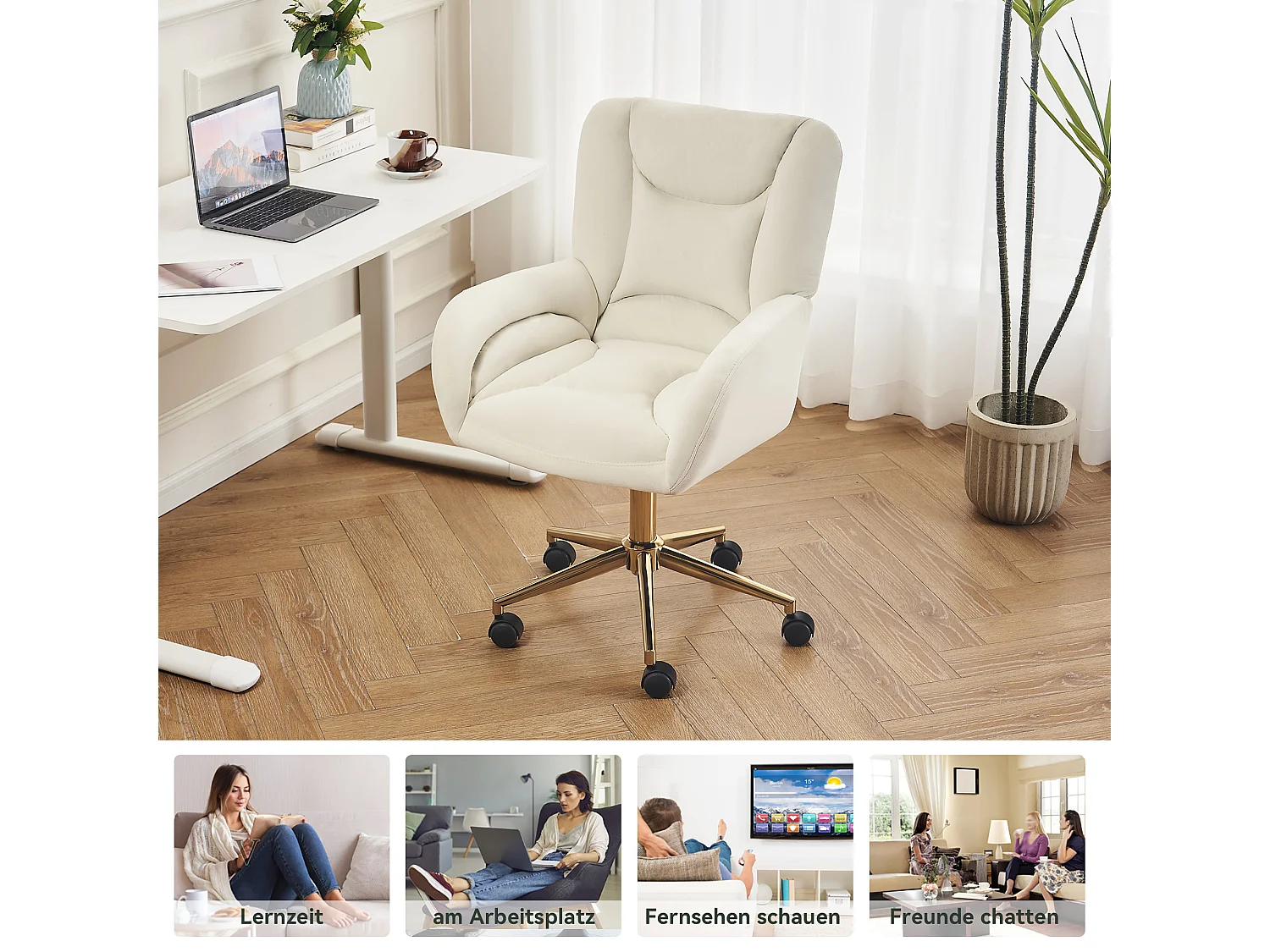 Fauteuil bureau velours elfenbein pivotant réglable 360° intérieur pieds dorés