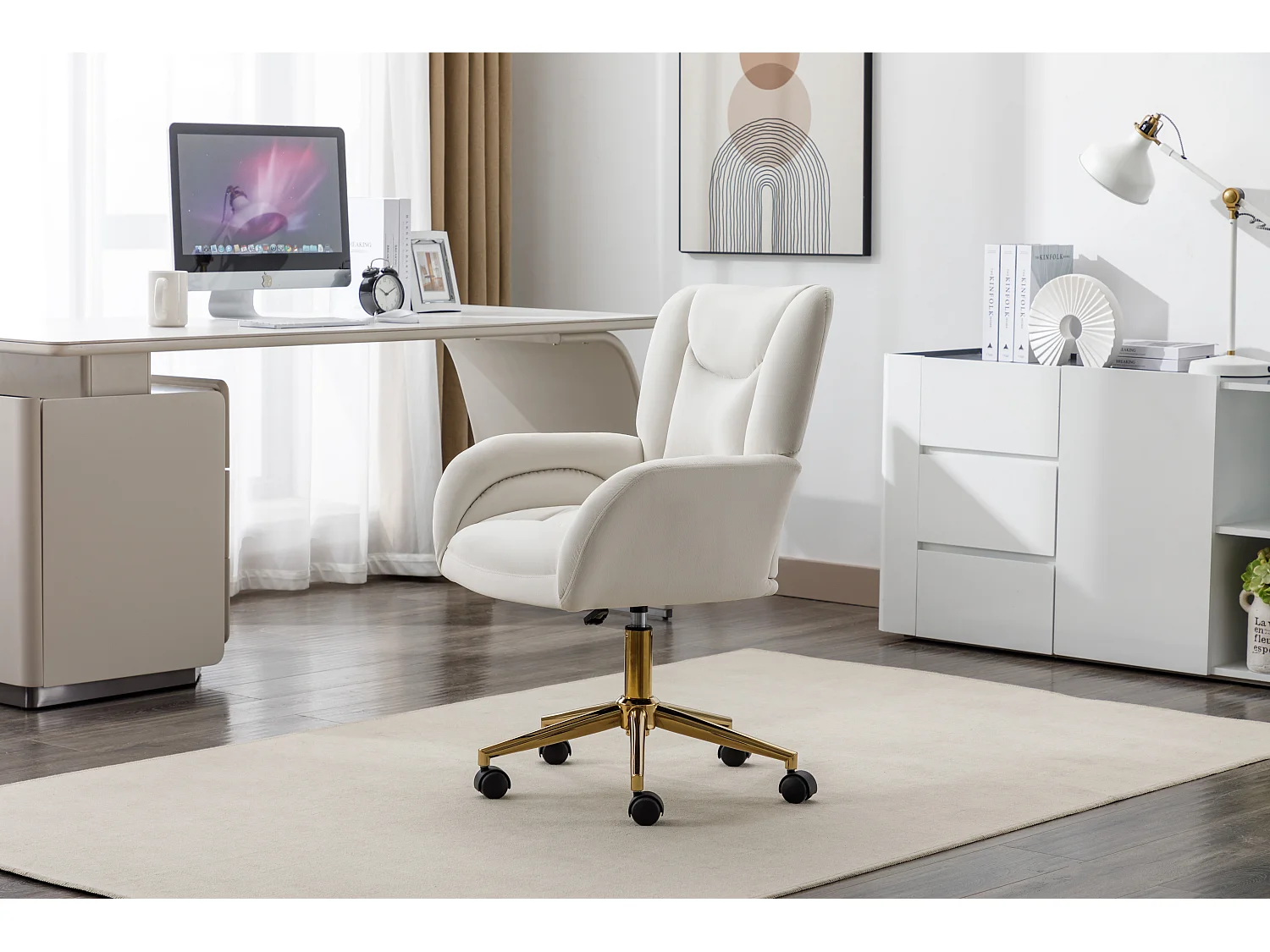 Fauteuil bureau velours elfenbein pivotant réglable 360° intérieur pieds dorés