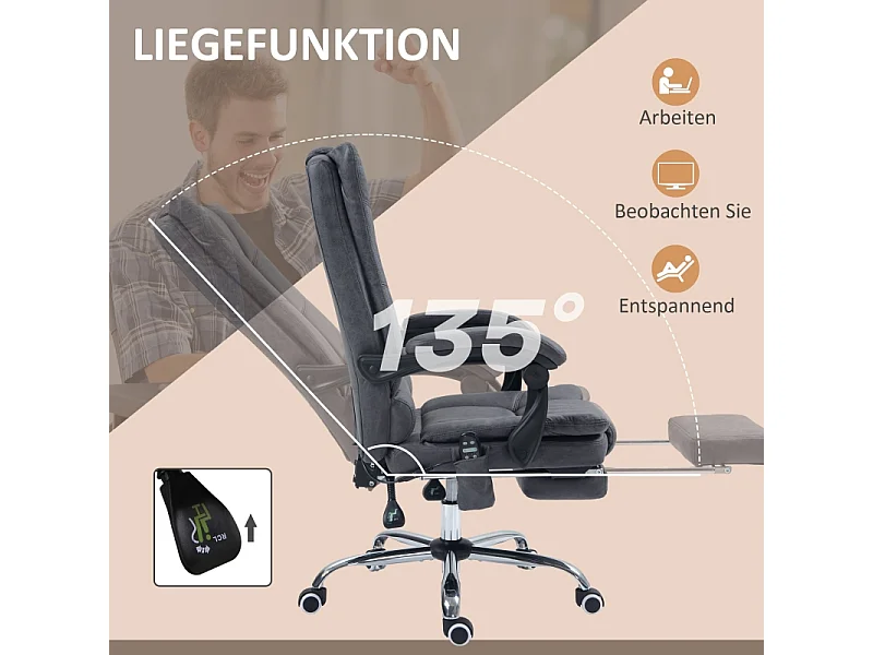 Fauteuil de bureau massage et chauffant gris foncé ergonomique 135° inclinable jusqu’à 120 kg