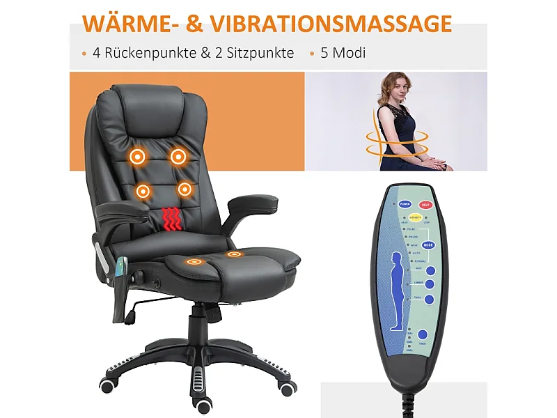 Chaise de bureau ergonomique en simili cuir avec massage et pivotante noir 54 cm