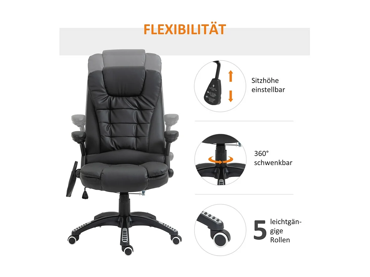 Chaise de bureau ergonomique en simili cuir avec massage et pivotante noir 54 cm