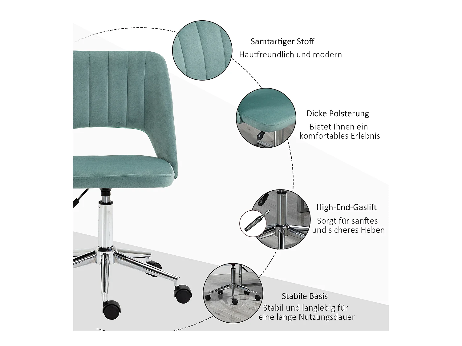Chaise-office ergonomica in velluto pivotante senza poggiapiedi verde Homeoffice 120 kg