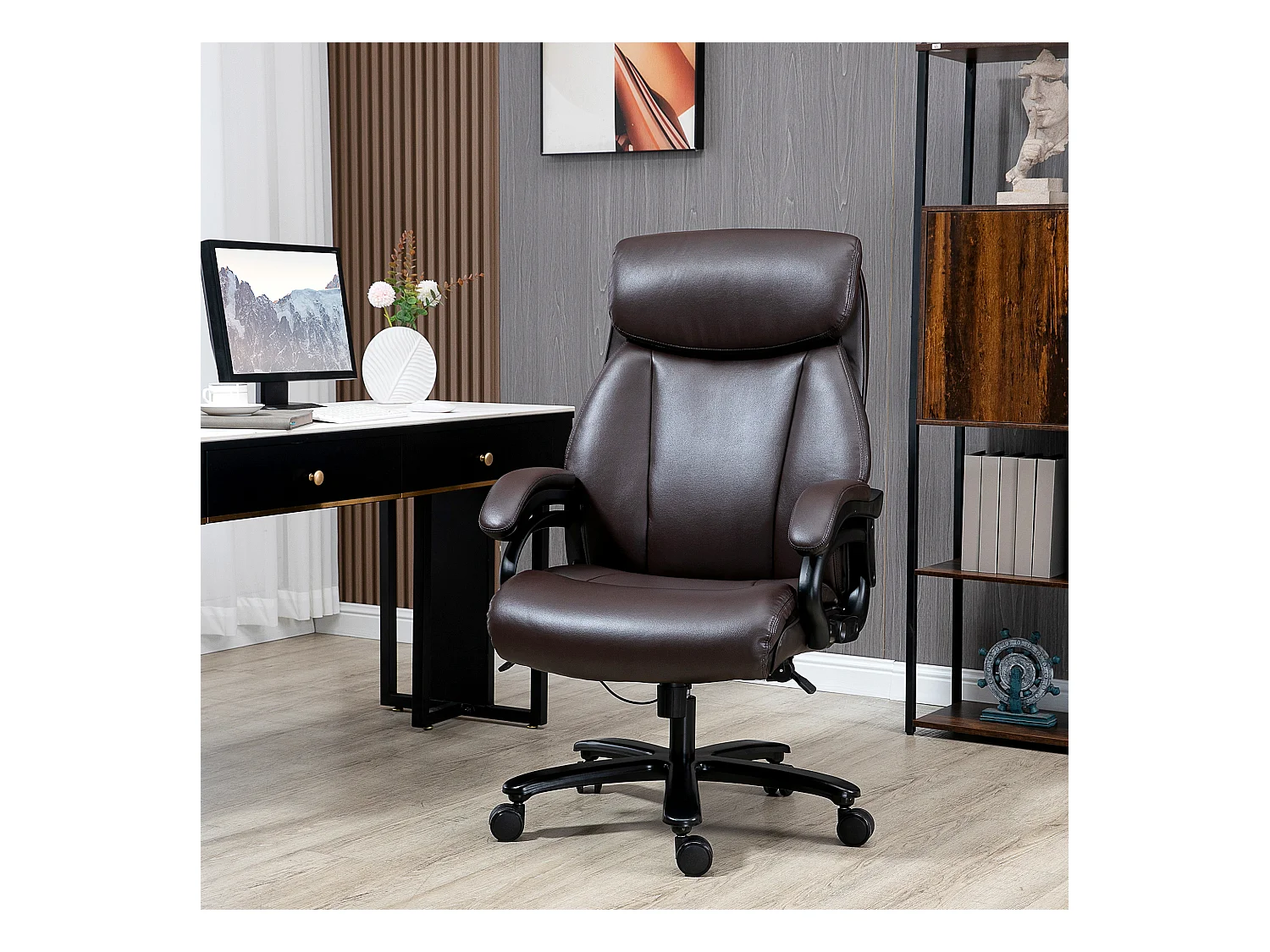 Silla de oficina ergonómica en piel sintética con inclinación y altura regulable, color gris, 180 kg