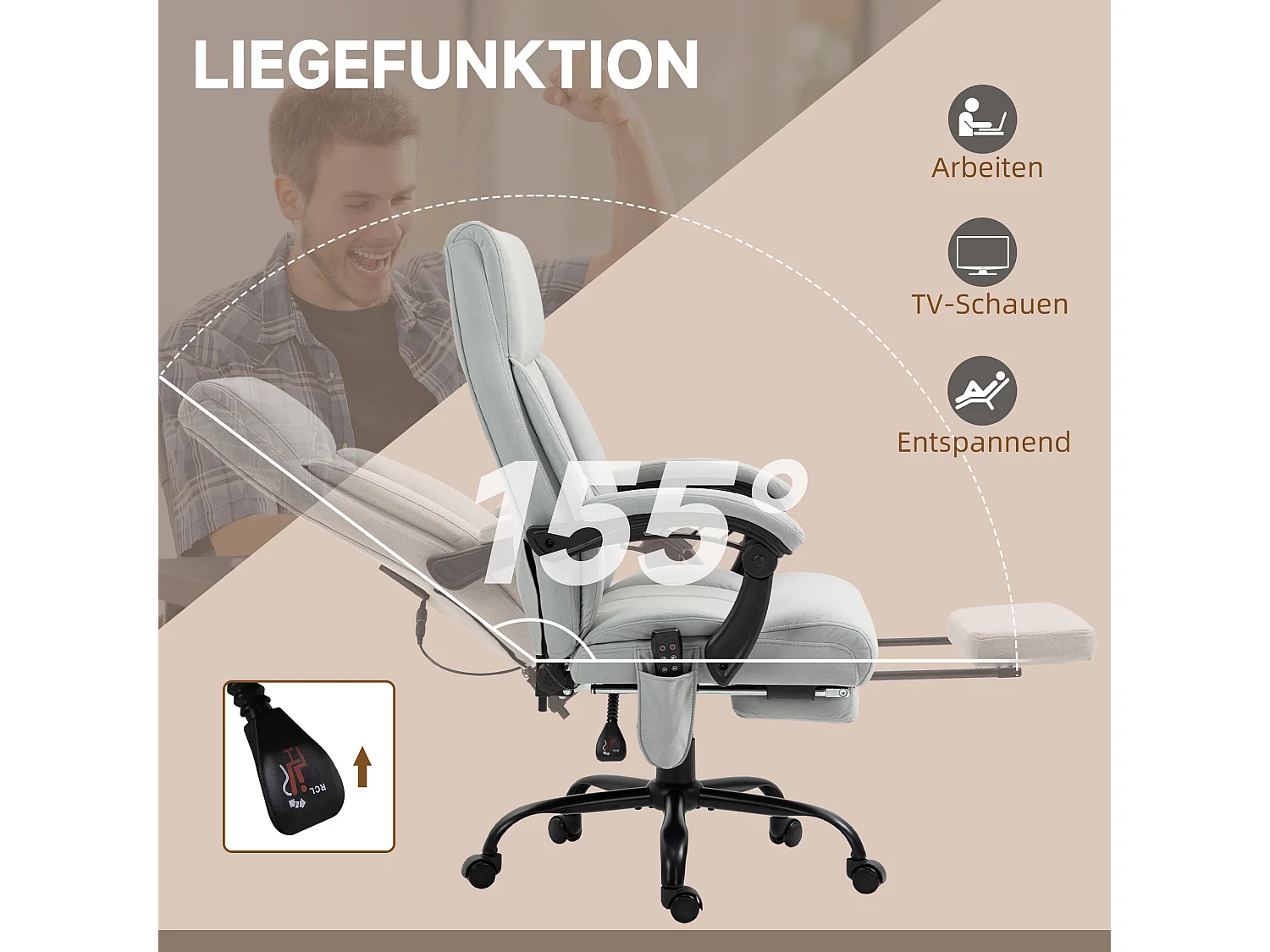 Comodino da massaggio ergonomico con dossier inclinabile e poggiapiedi, microfibra grigio chiaro