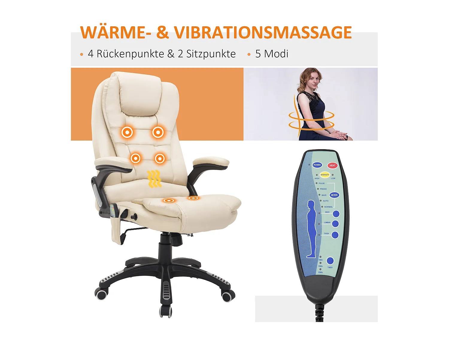 Sedia da massaggio ergonomica in pelle sintetica con colore beige pivotante