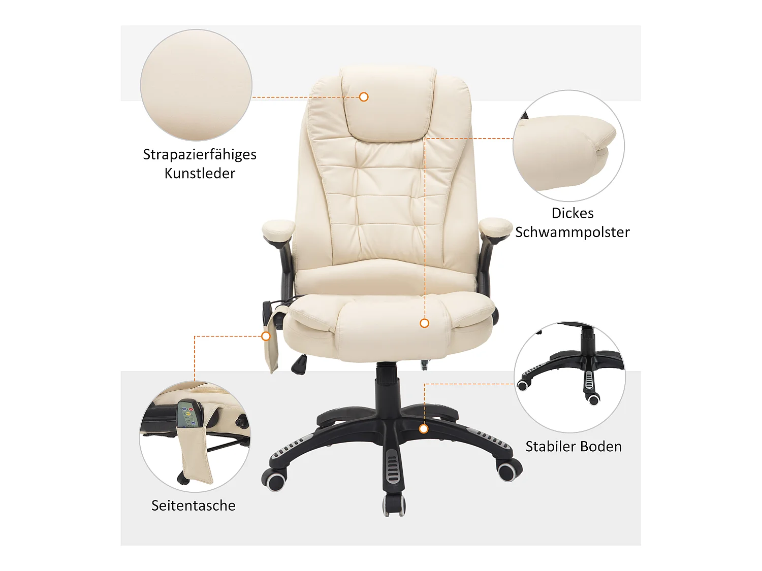 Sedia da massaggio ergonomica in pelle sintetica con colore beige pivotante