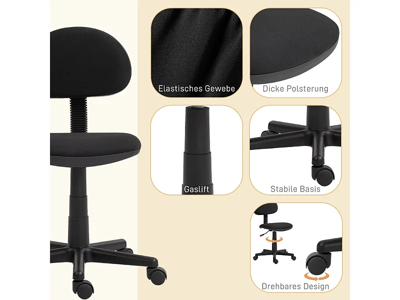 Silla de oficina giratoria ergonómica de tela elástica sin reposabrazos para ordenador color negro