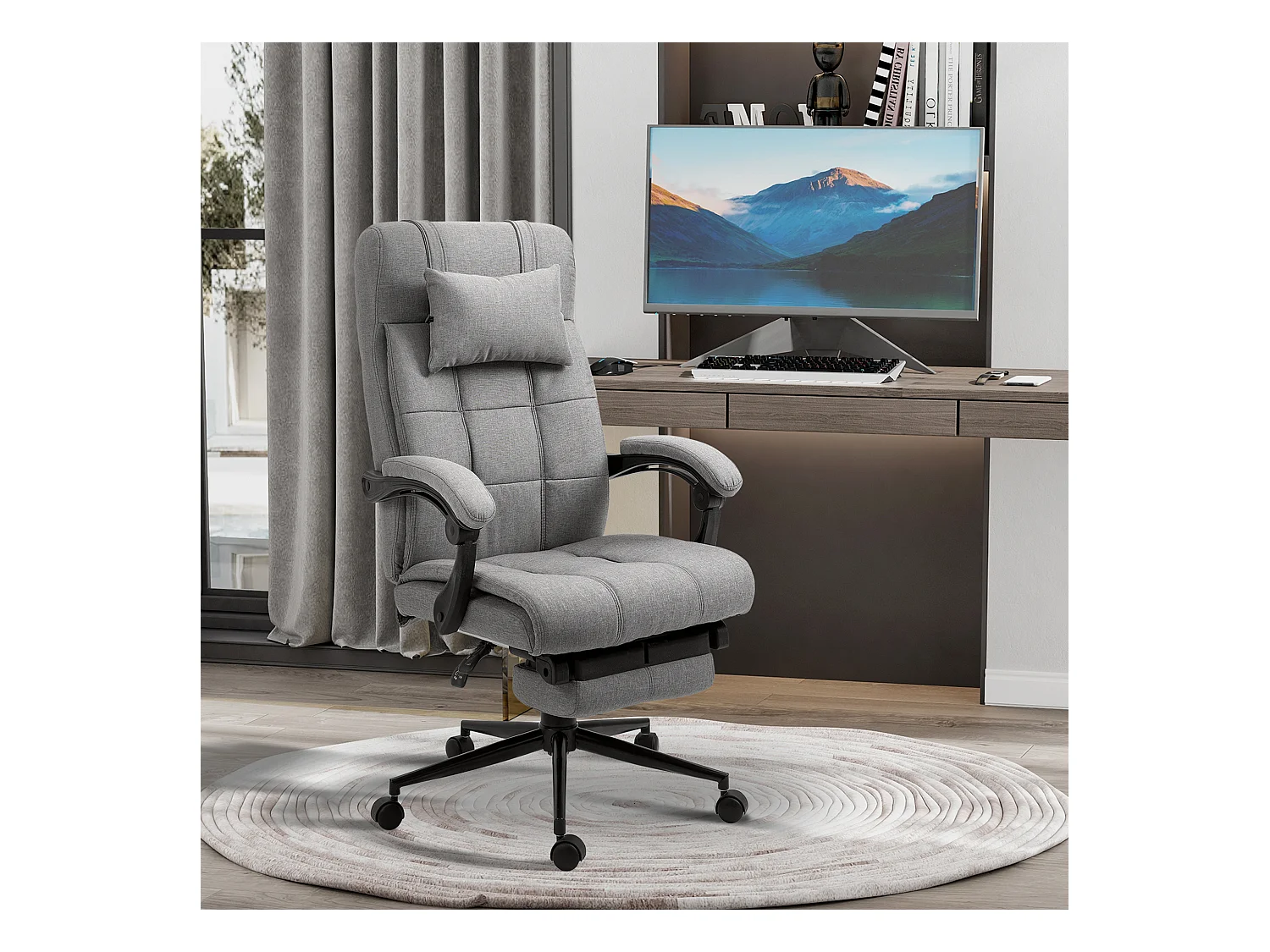 Silla de oficina ergonómica de lino con reposapiés y brazos regulables, 66x70x116-124 cm