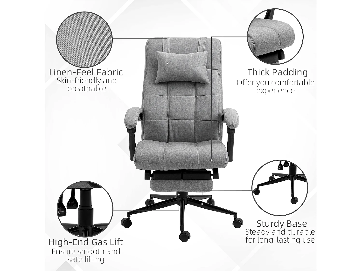 Silla de oficina ergonómica de lino con reposapiés y brazos regulables, 66x70x116-124 cm