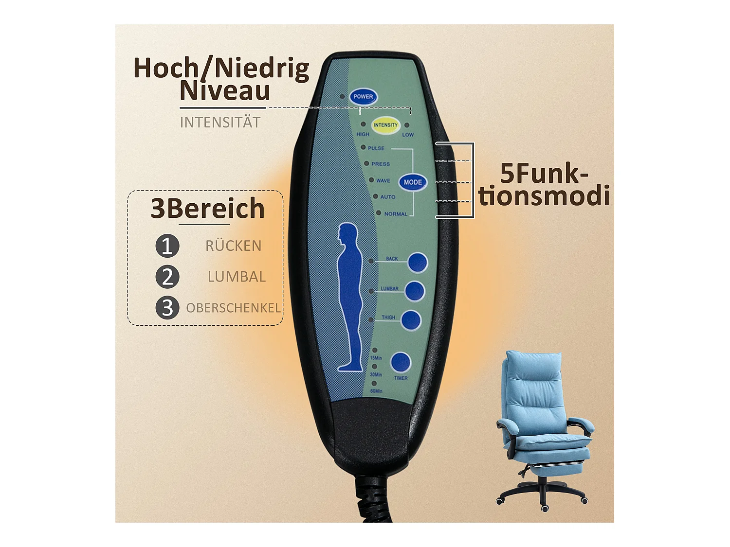 Cadeira de escritório ergonômica de microfibra com massagem, reclinável, apoio para os pés e controle remoto azul